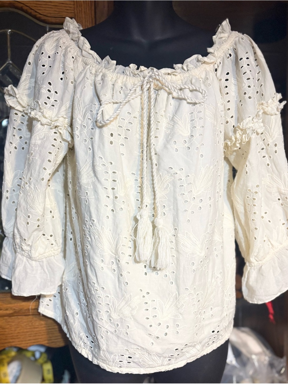 Anthropologie Flora Lace Eyelit Off-The-Shoulder Blouse